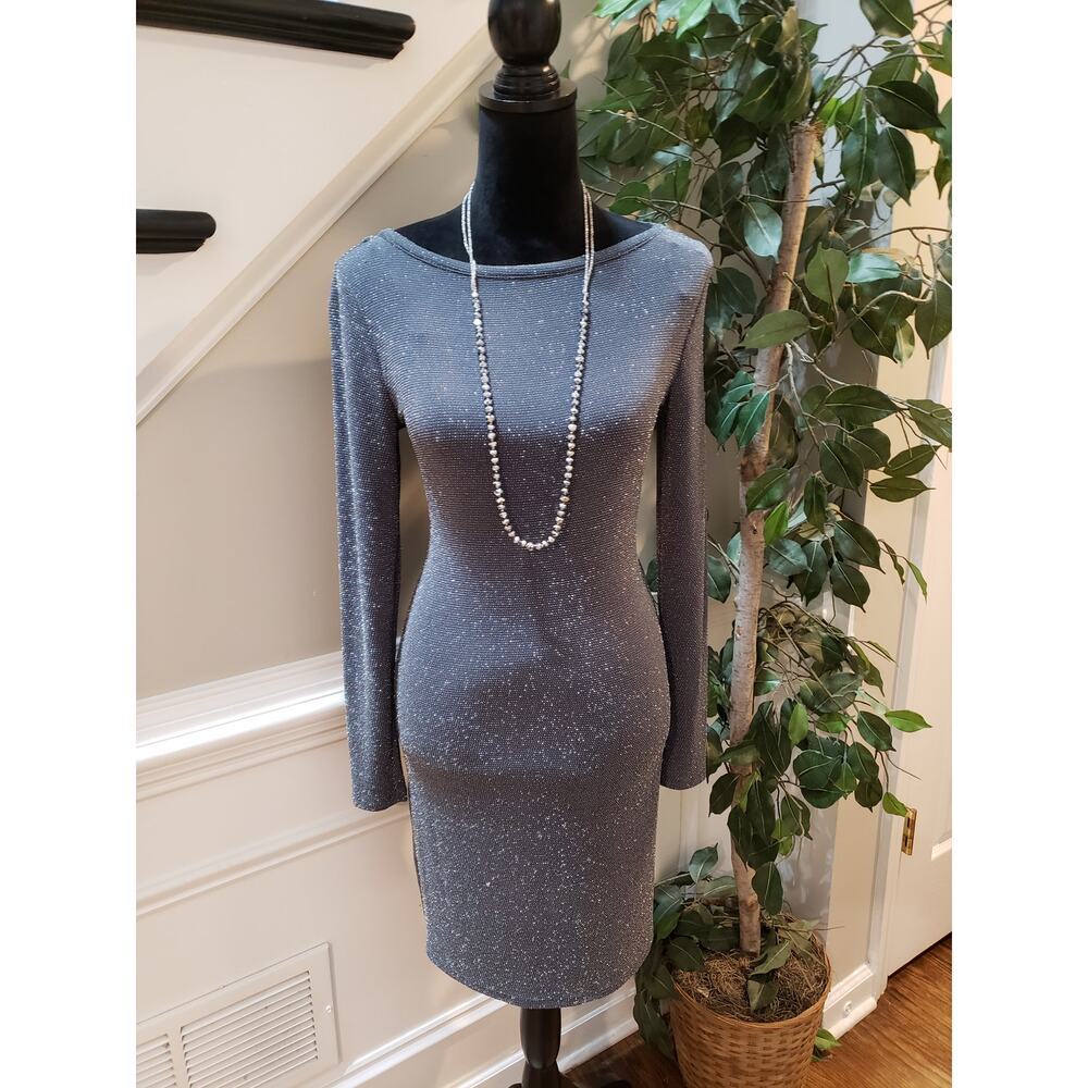 Michael Kors Bodycon Dress Womens XS Gray Shimmer Boat Neck Long Sleeve Pullover